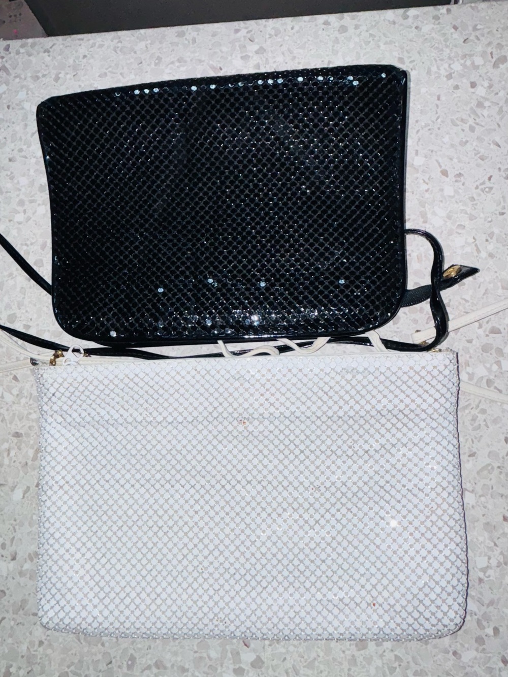 2 Whiting and Davis black & white chain metal fancy purses clutch crossbody LOT